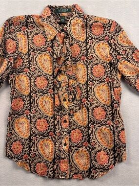 Lauren Ralph Lauren Paisley Print Ruffle Blouse Brown Women’s Petite Small Poet